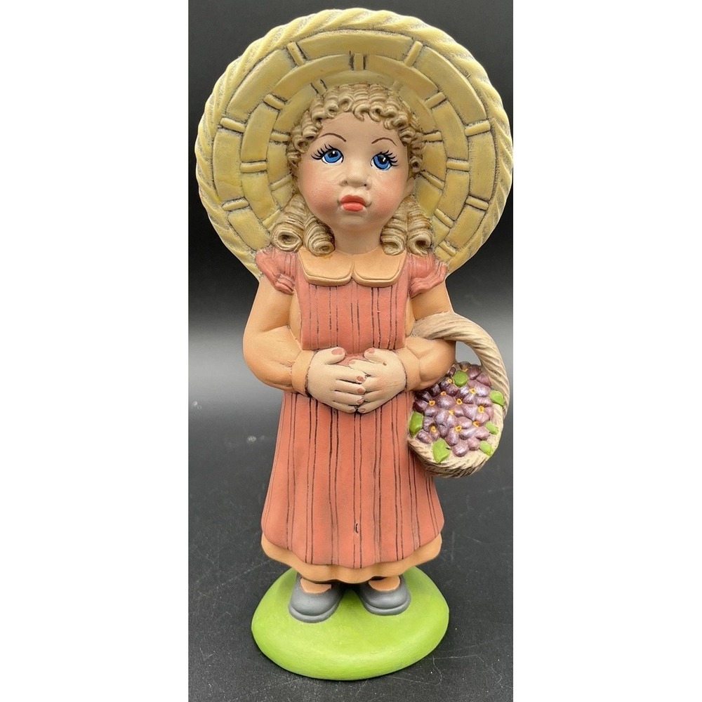 Vtg Homemade Ceramic Girl With Hat & A Flower Basket By Margie Hatcher Alabama